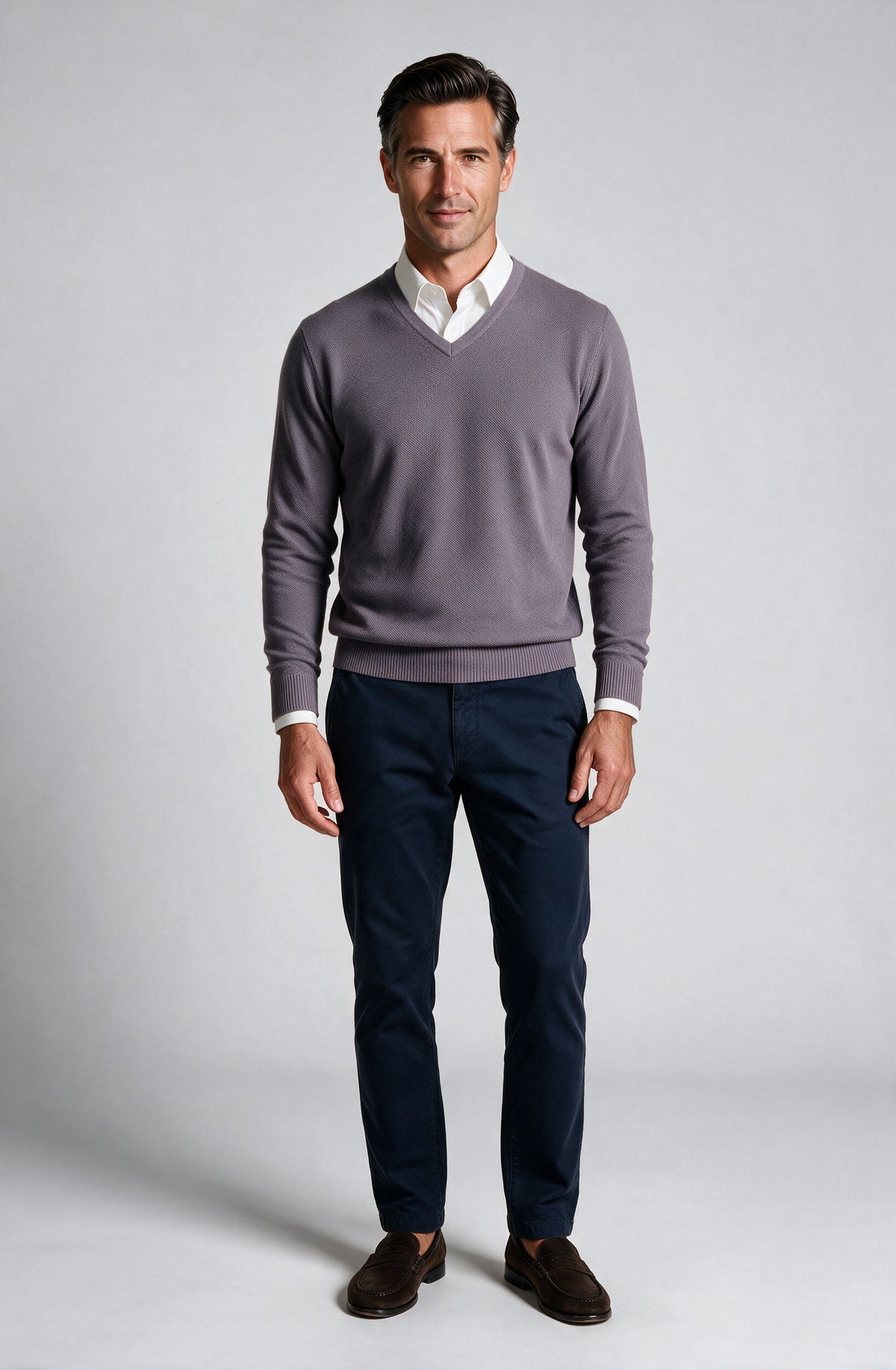 St. Croix - Cotton Blend Crystal Stitch Mock V Neck - Mens Sweater - Mondo Uomo - Shade Purple - 5518 - Shown on Model