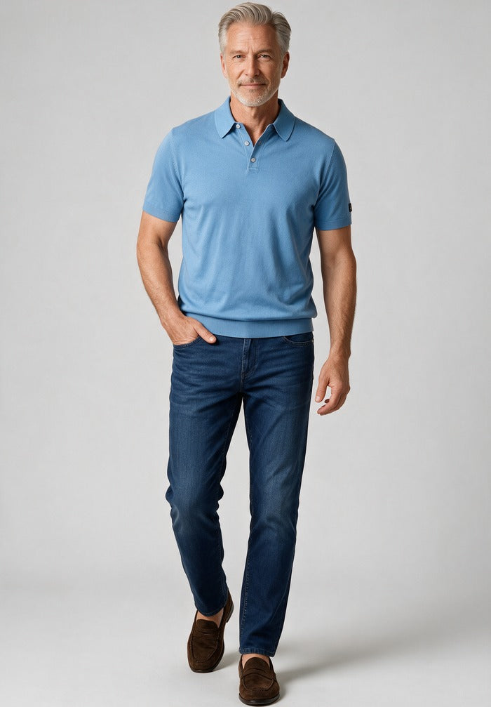 Paul and Shark Short Sleeve Polo Blue — worn with denim