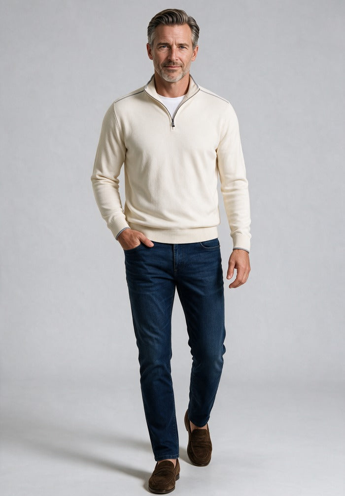 Paul & Shark Quarter Zip Sweater, White — worn with denim