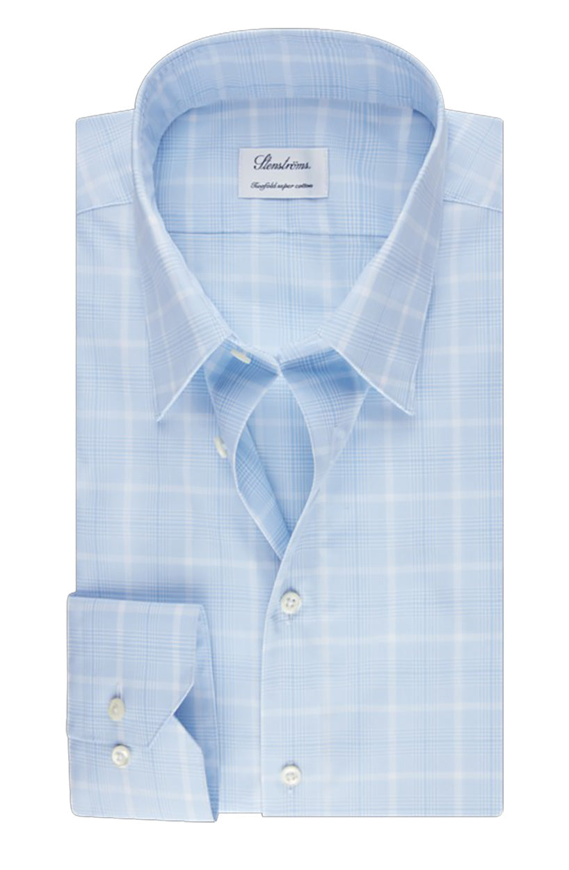 Stenstroms Blue Checked Poplin Shirt Fitted