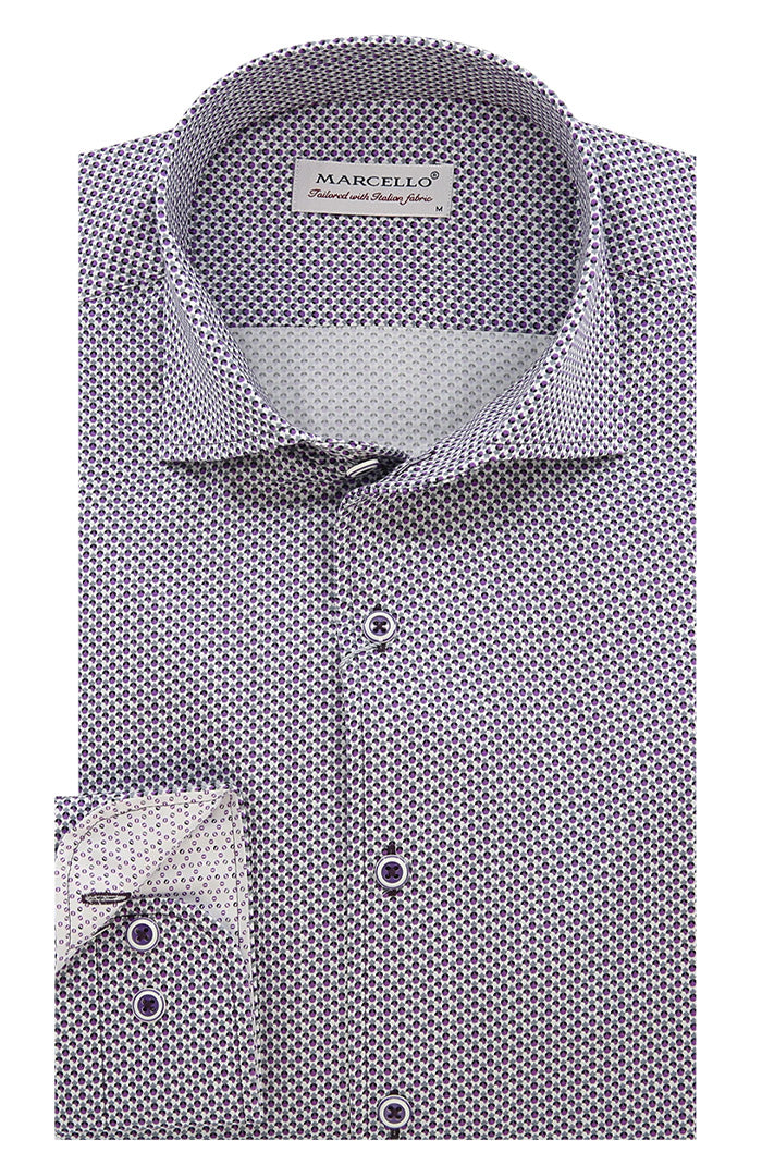 Marcello Plum Micro-Print Long Sleeve Shirt For Men - Mondo Uomo