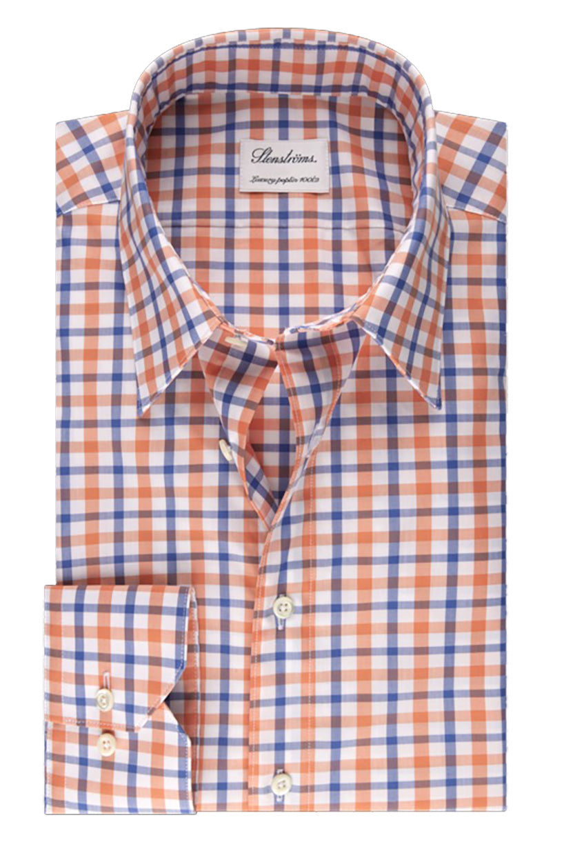 Stenstroms Orange Checked Poplin Shirt Fitted