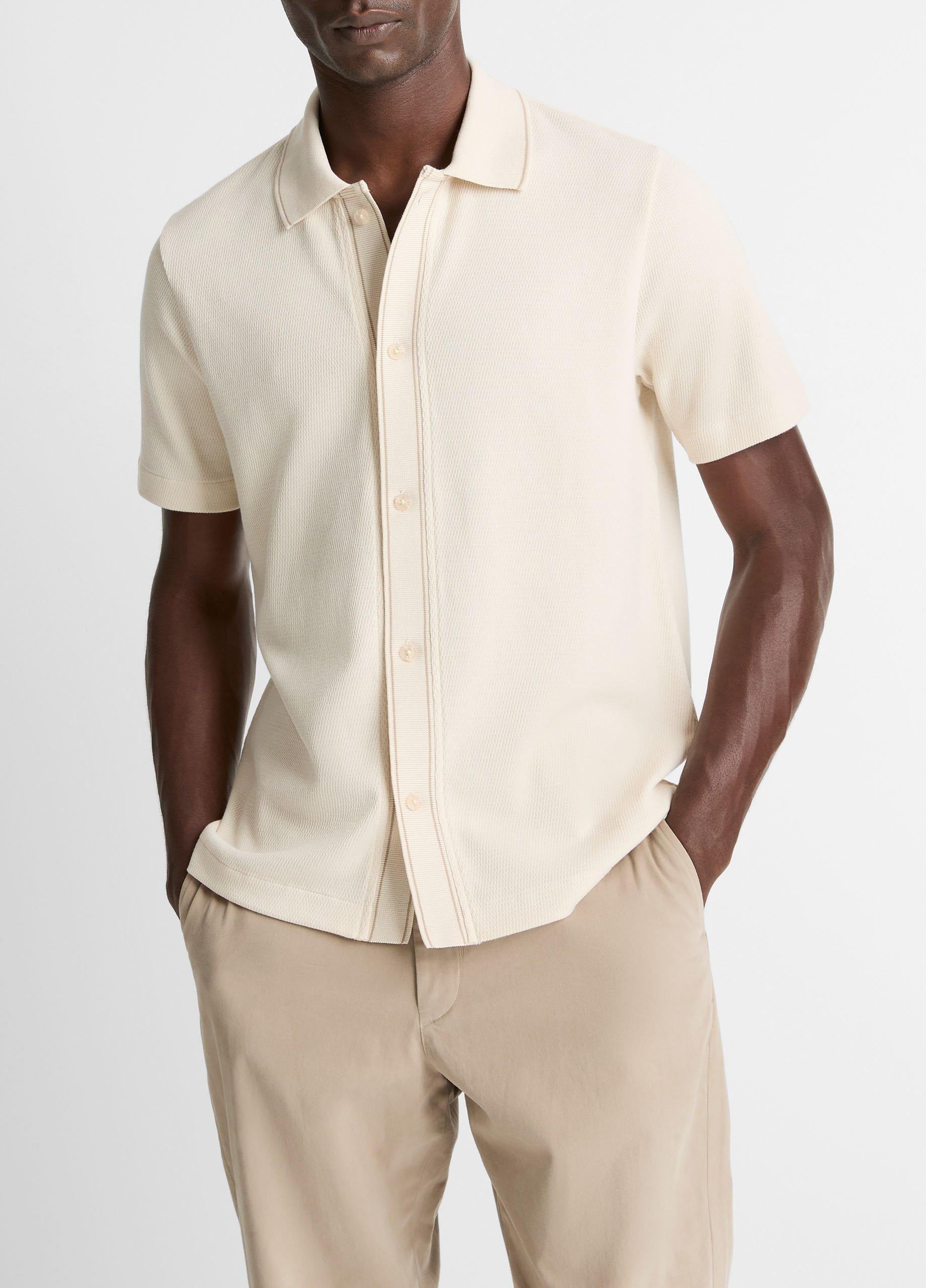 Vince Jacquard Knit S/S Shirt, Bone/Sand