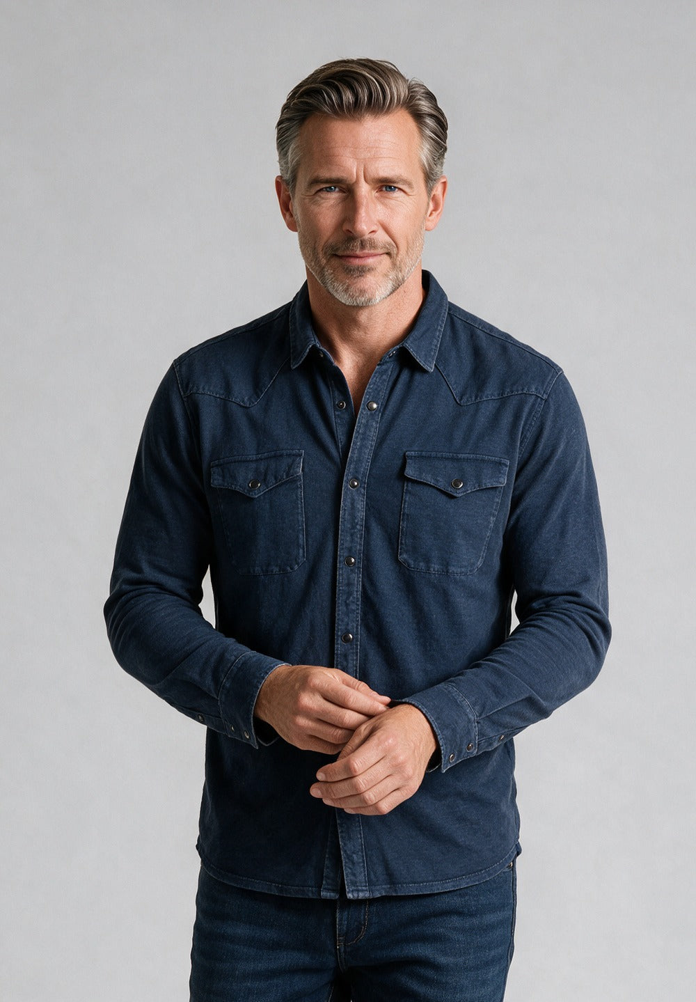 John Varvatos Arvon Knit Western Shirt, Navy – model detail