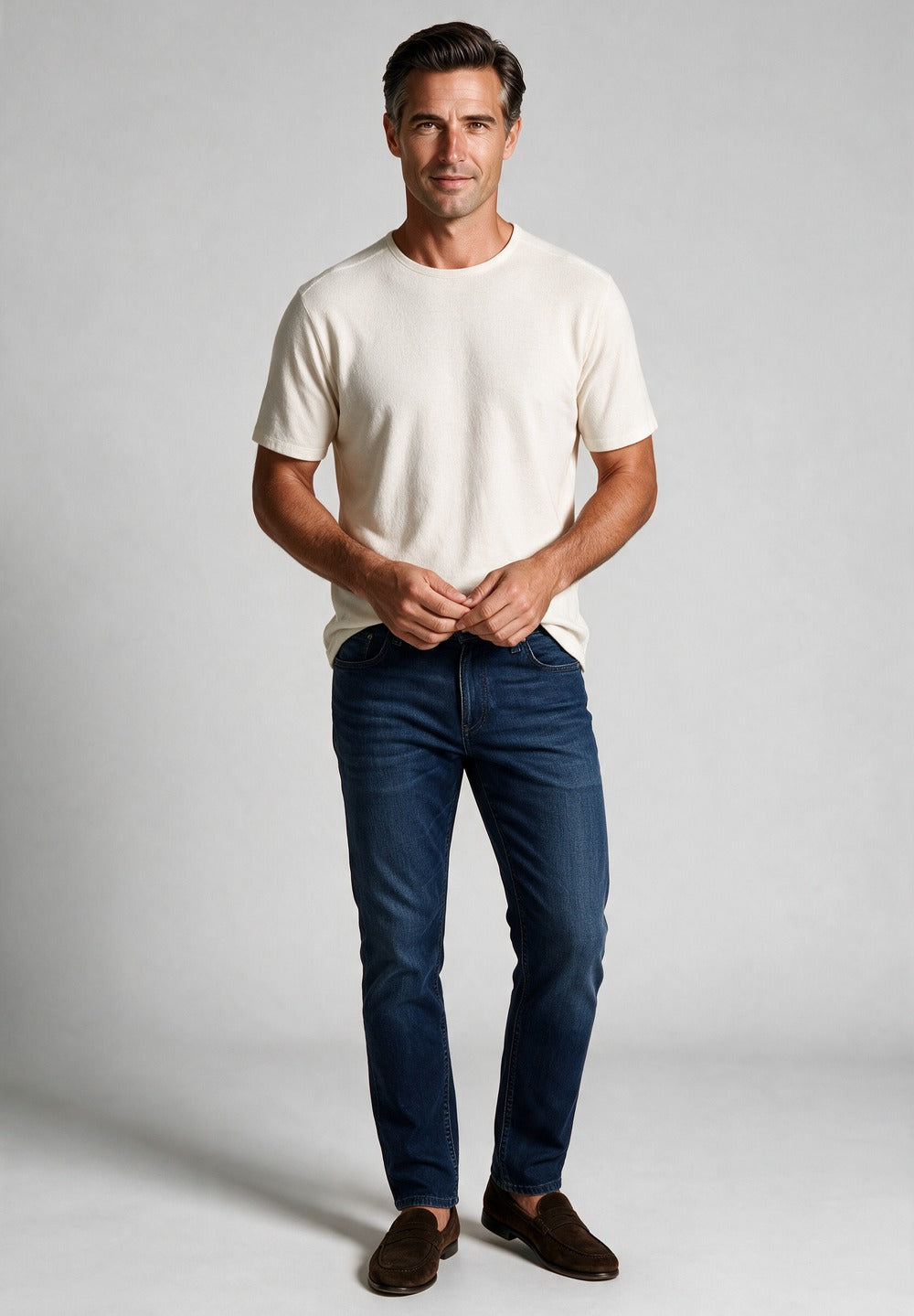 John Varvatos Mooney Textured Crew Tee, Salt – worn with denim