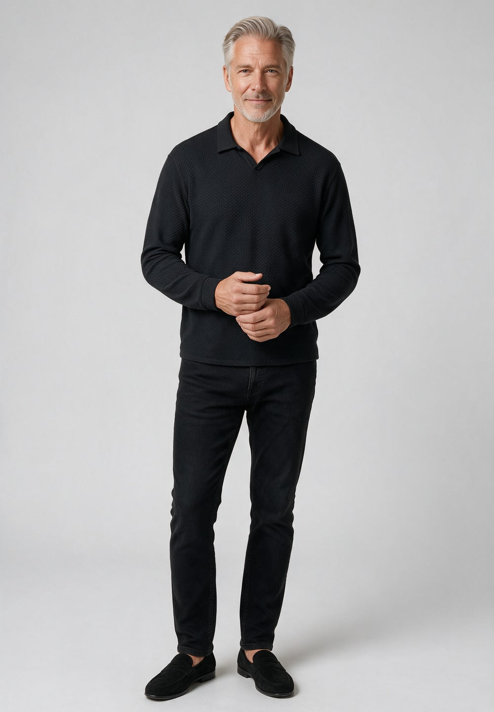 John Varvatos Zack Johnny Collar Polo, Black – worn with denim