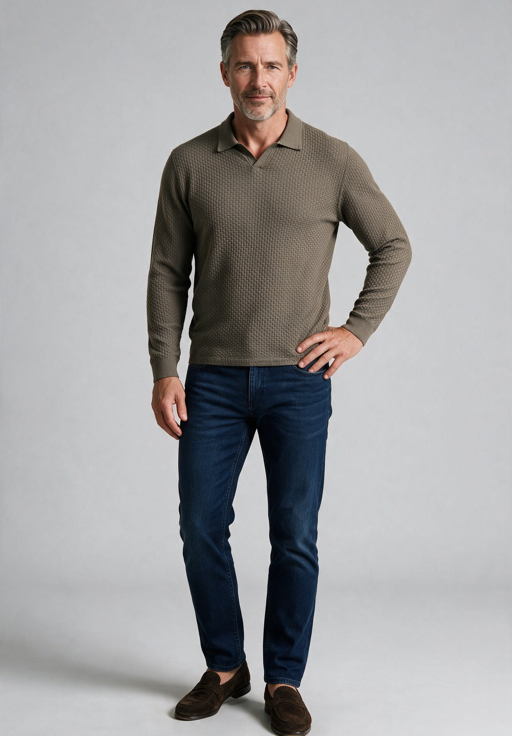 John Varvatos Zack Johnny Collar Polo, Teakwood – worn with denim