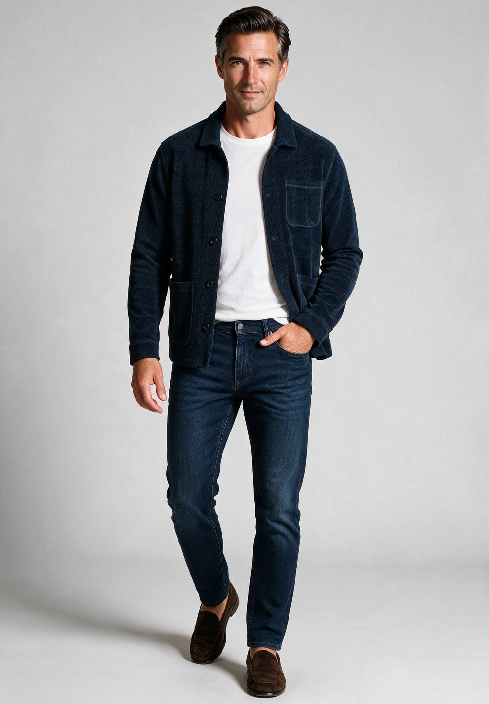 John Varvatos Edmunds Chenille Chore Jacket, Navy – worn with denim