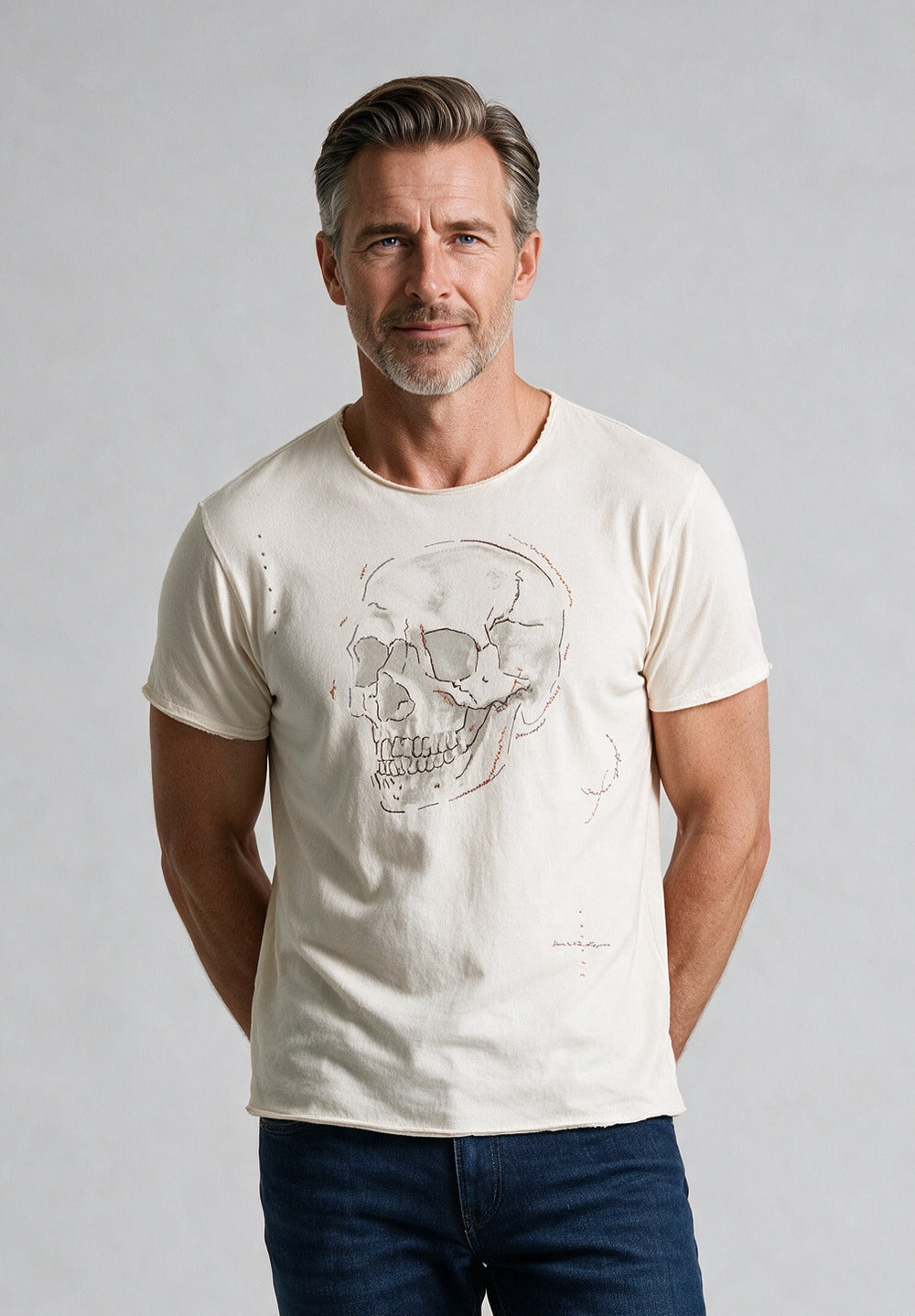 John Varvatos Skull Embroidery Raw Edge Tee, Salt – model detail
