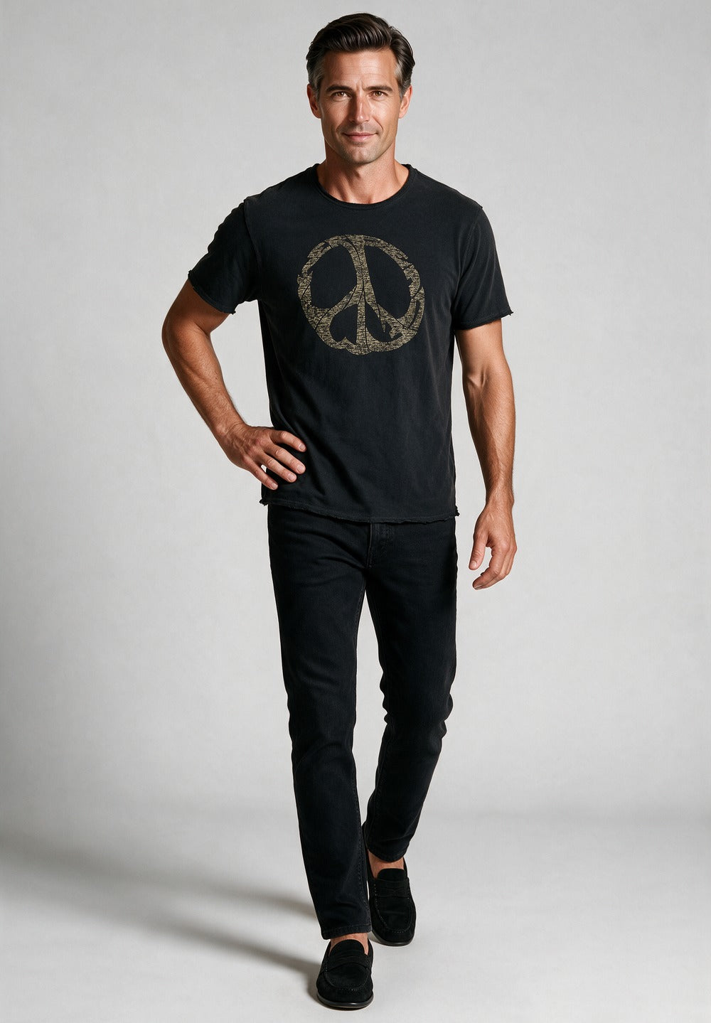 John Varvatos Peace Maker Raw Edge Tee, Black – worn with denim