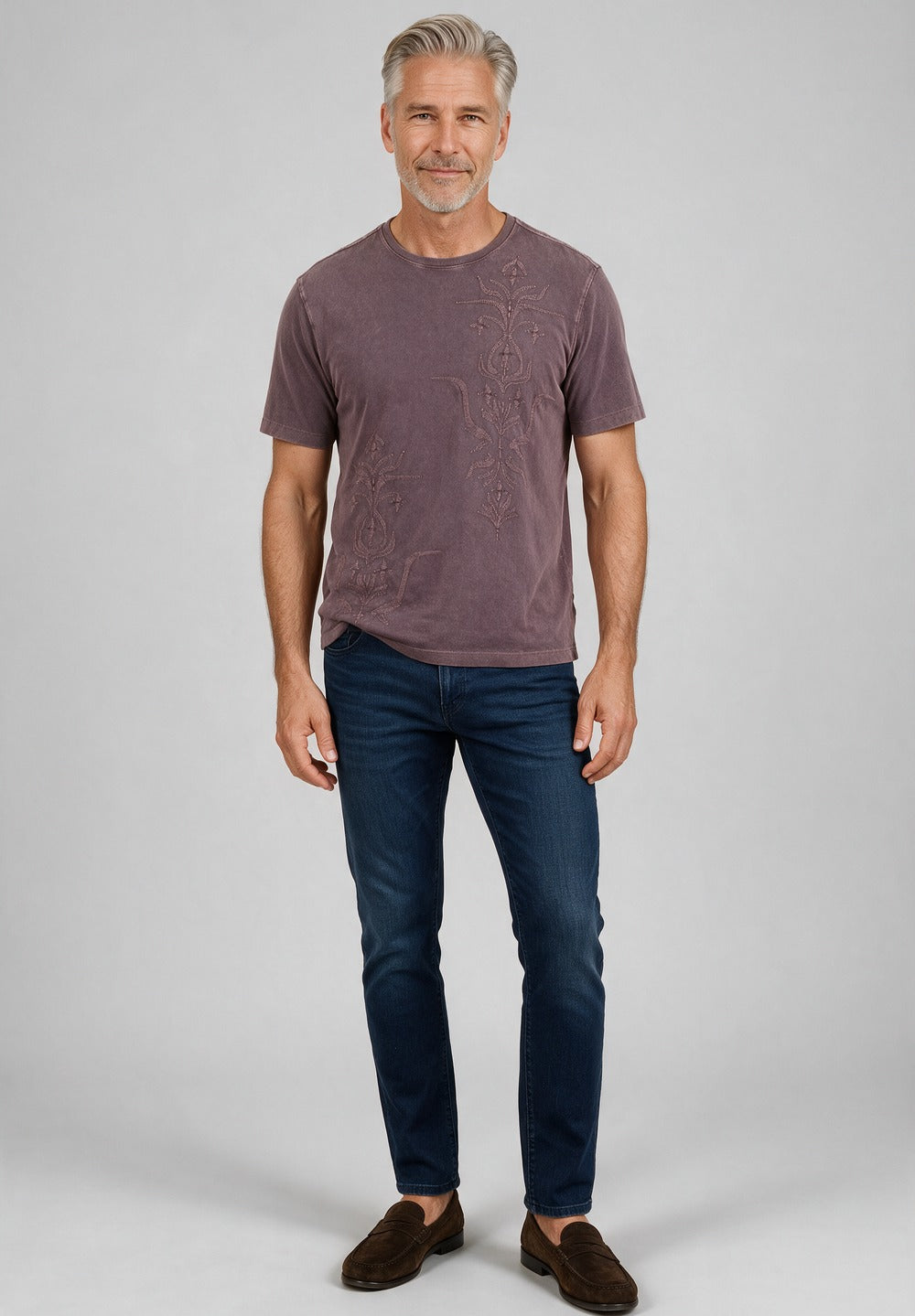 John Varvatos Gothic Embroidery Tee, Smoke Amethyst – worn with denim