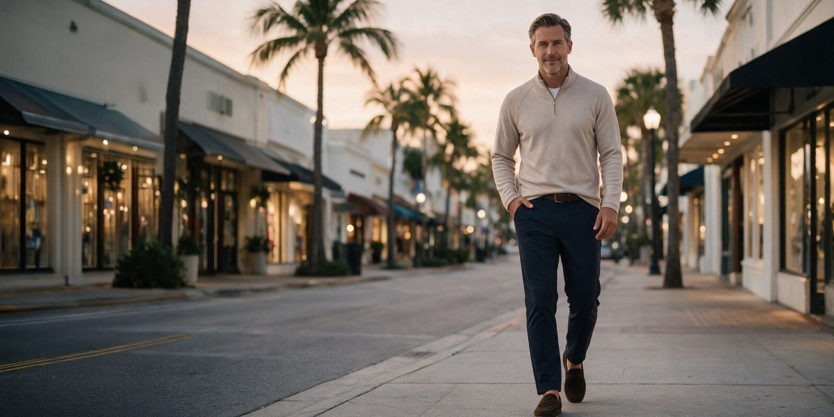 Man in a cream quarter-zip and navy trousers walking a palm-lined shopping street at dusk