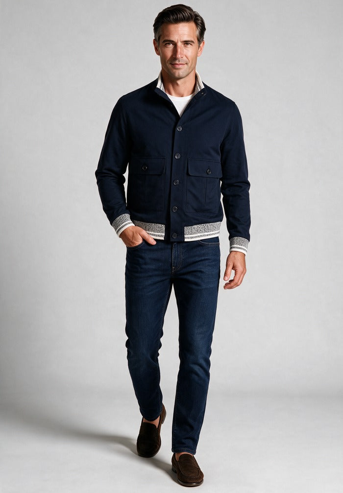 Paul & Shark Full Button Bomber, Navy — worn with denim