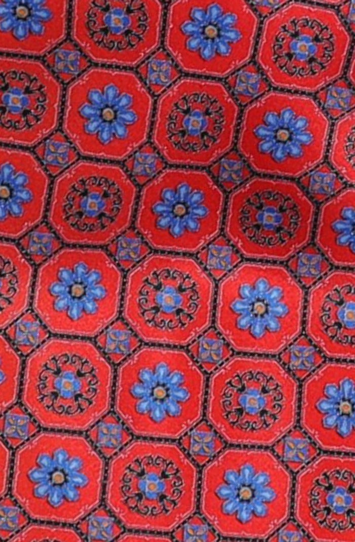Italo Ferretti Silk Tie, Red Blue Contrast Medallion
