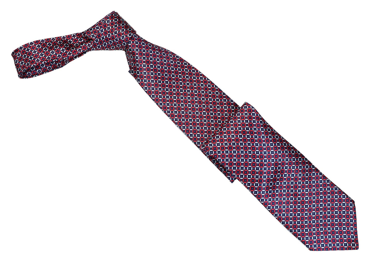 Italo Ferretti Silk Tie, Red Navy Geometric Foulard