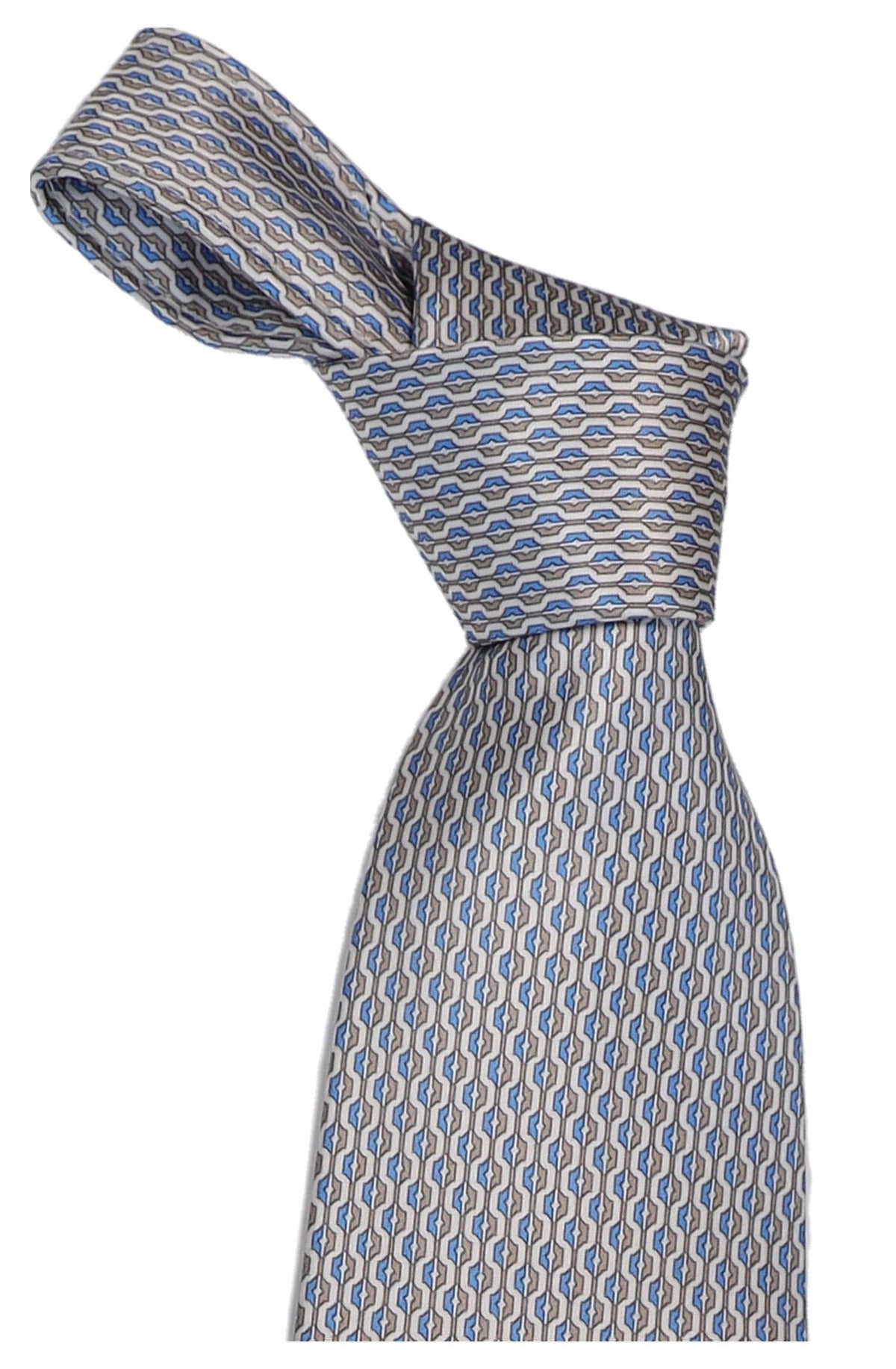 Italo Ferretti Silk Tie, Silver Blue Wave Geometric