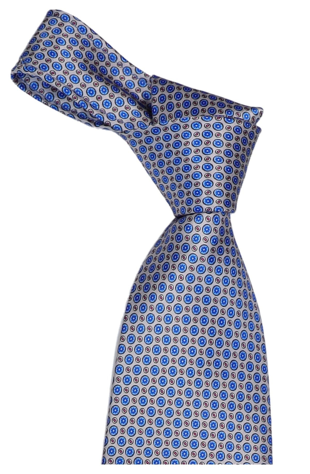 Italo Ferretti Silk Tie, Silver Blue Medallion Neat