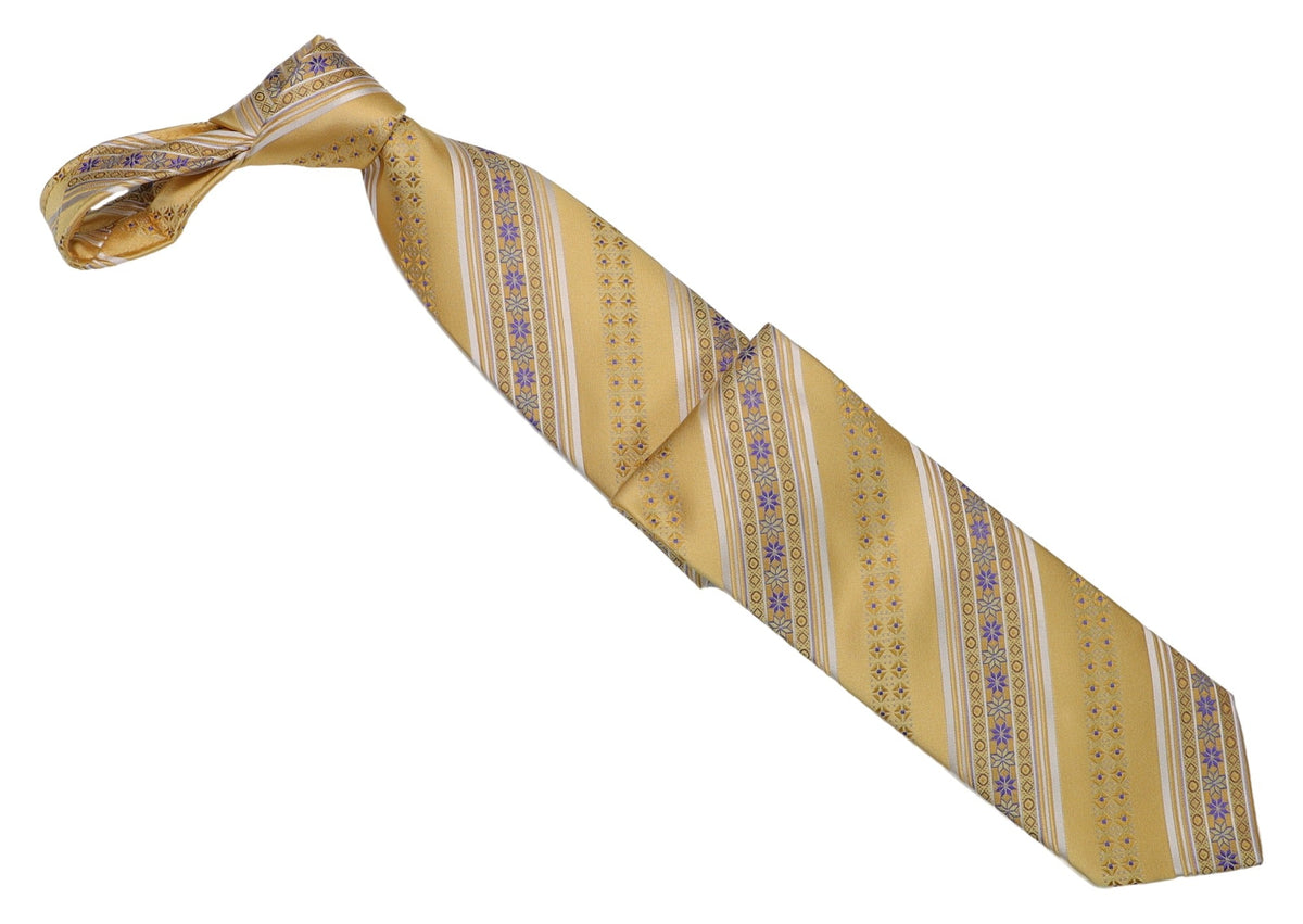 Italo Ferretti - Silk Tie - Mens Tie - Mondo Uomo - Gold Ornamental Stripe - T7-20 - Front