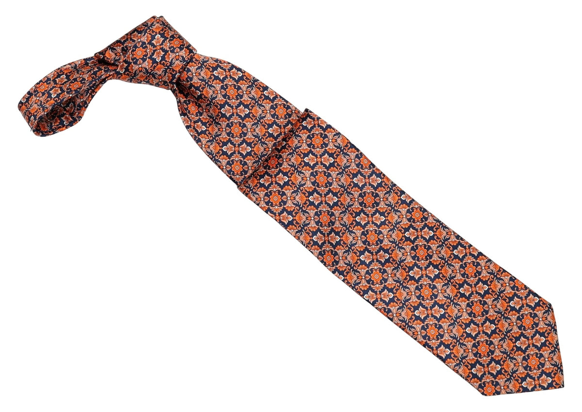 Italo Ferretti Silk Tie, Navy Orange Floral Medallion