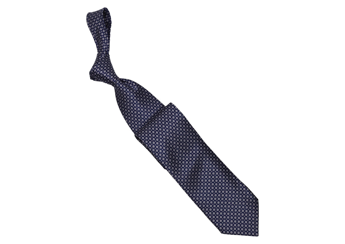 Italo Ferretti - Silk Tie - Mens Tie - Mondo Uomo - Navy Silver Dot Medallion - TIE12-07 - Front
