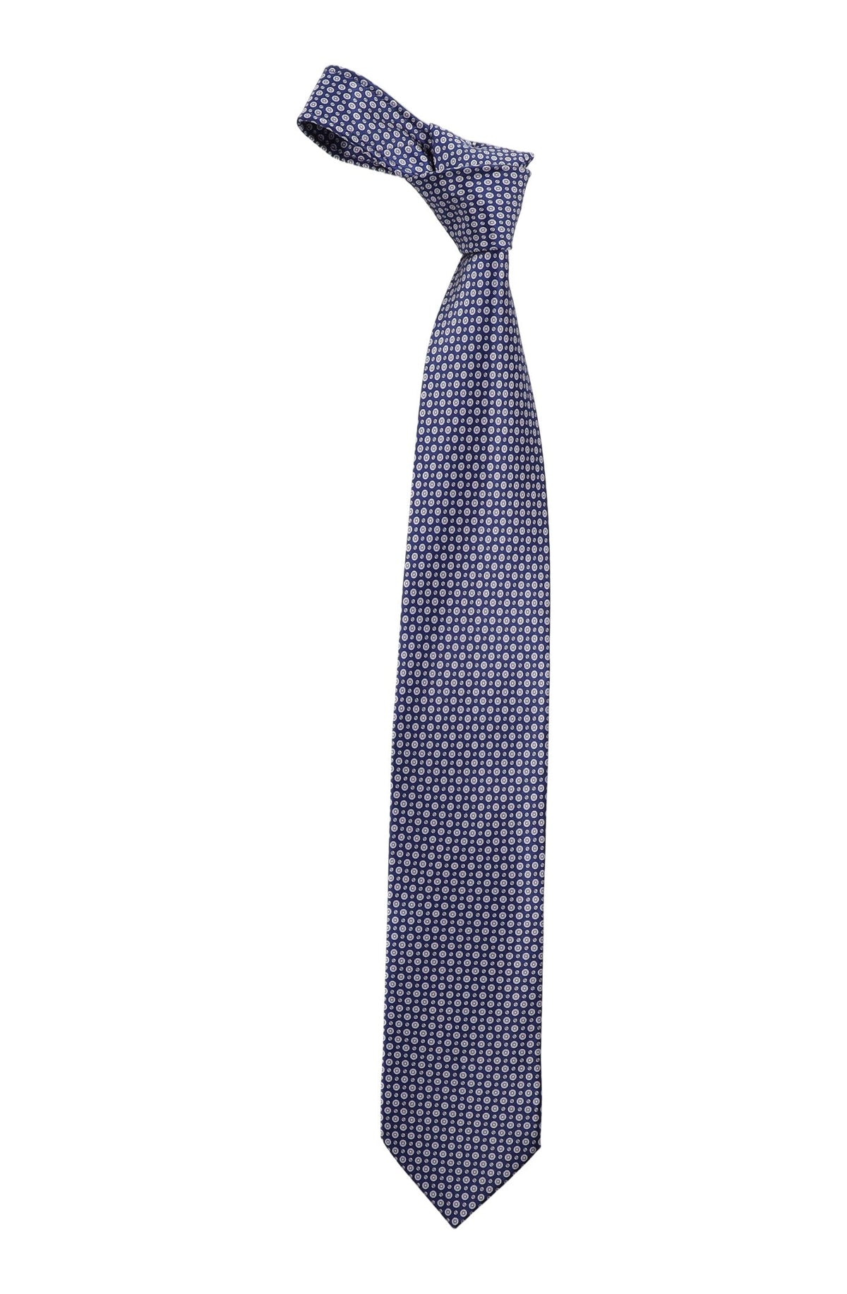 Italo Ferretti Silk Tie, Navy Silver Dot Medallion