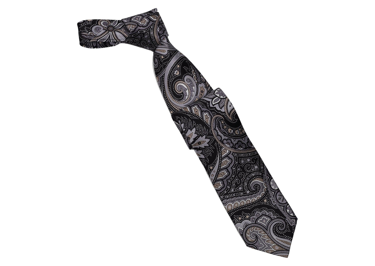 Italo Ferretti - Silk Tie - Mens Tie - Mondo Uomo - Black Silver Paisley - TIE12-09 - Front