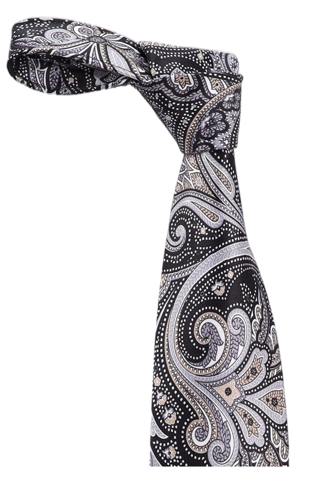 Italo Ferretti Silk Tie, Black Silver Paisley