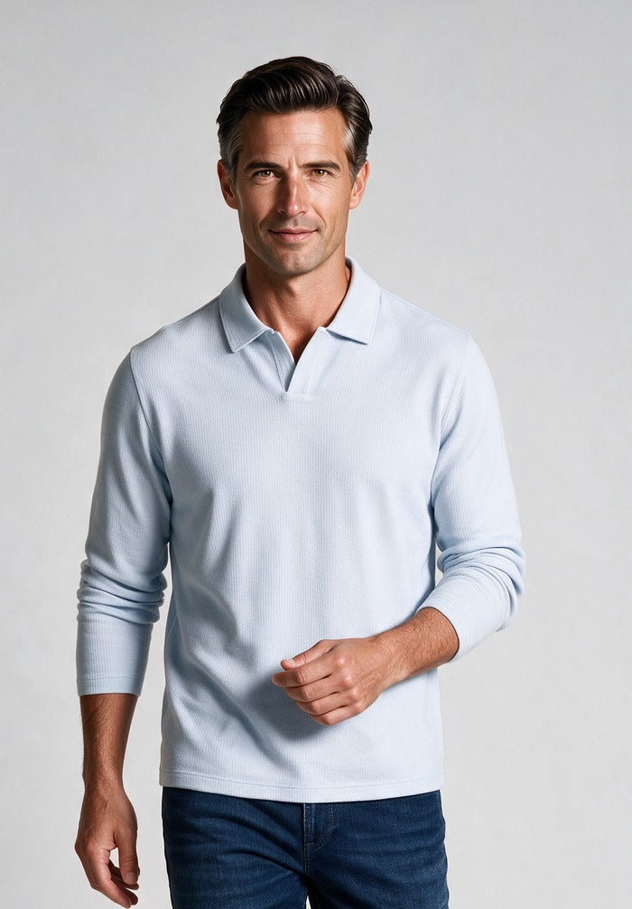 Vince Blurred Birdseye Johnny-Collar Shirt, Glacier/Off White — model detail