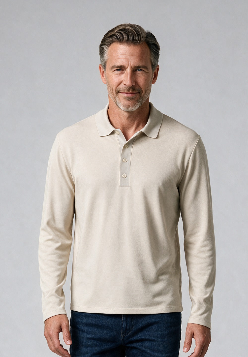 Vince Pima Cotton Milano Long-Sleeve Polo, Baja Sand — model detail