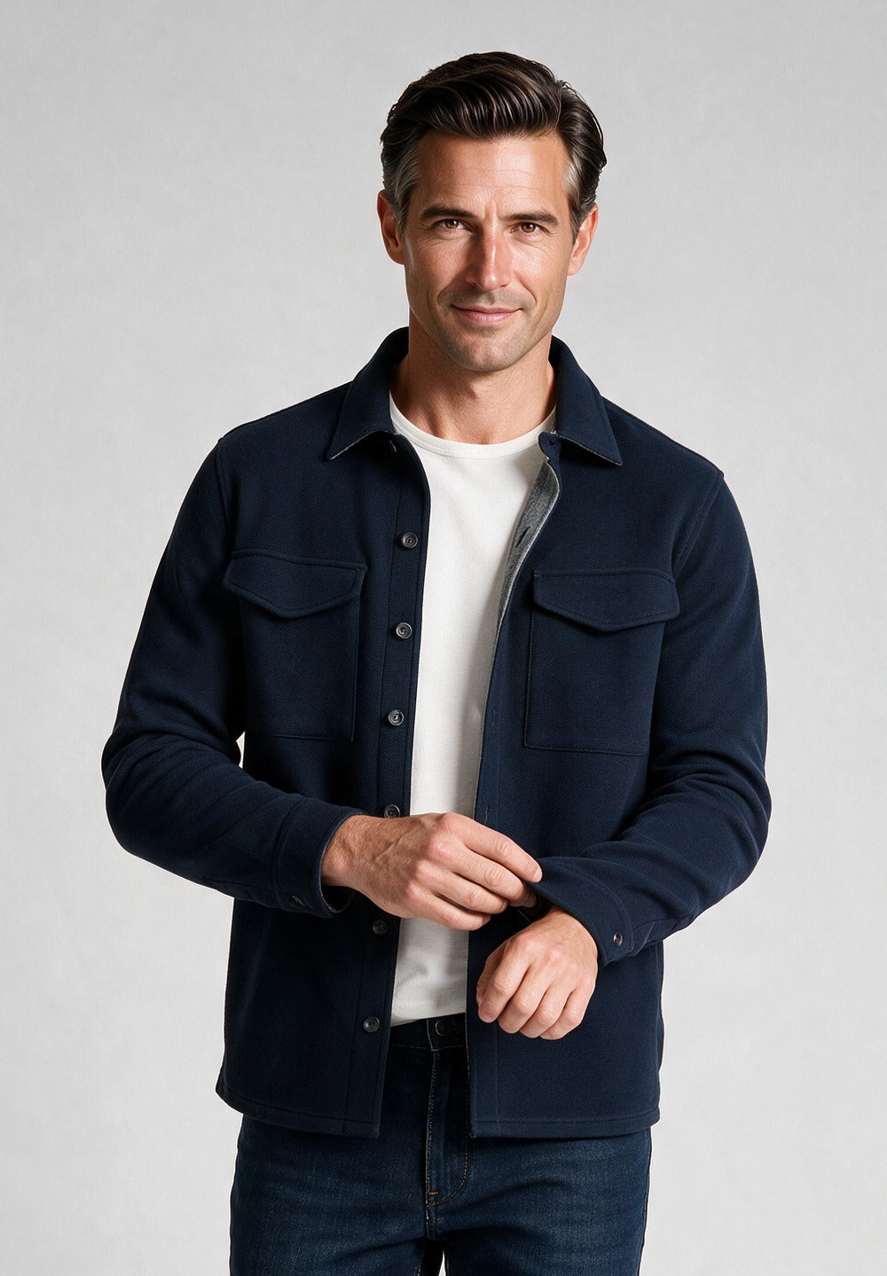 Vince Double-Knit Piqué Shirt Jacket, Coastal Blue/Medium Grey — model detail