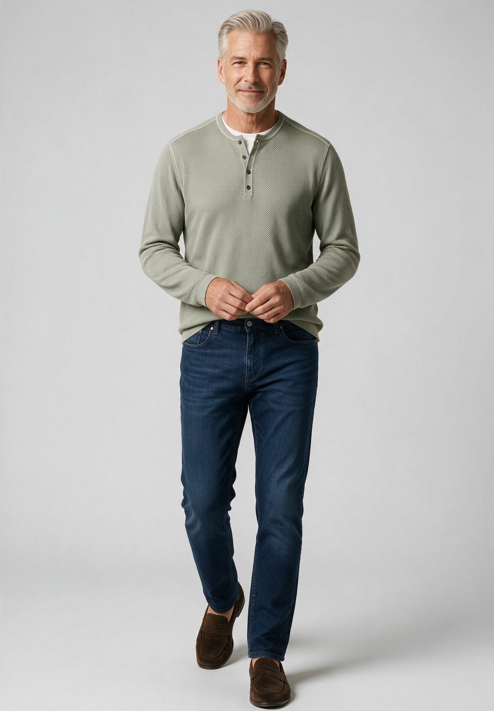 John Varvatos Quinn Mesh Stitch Henley Sweater, Haze Grey – worn with denim