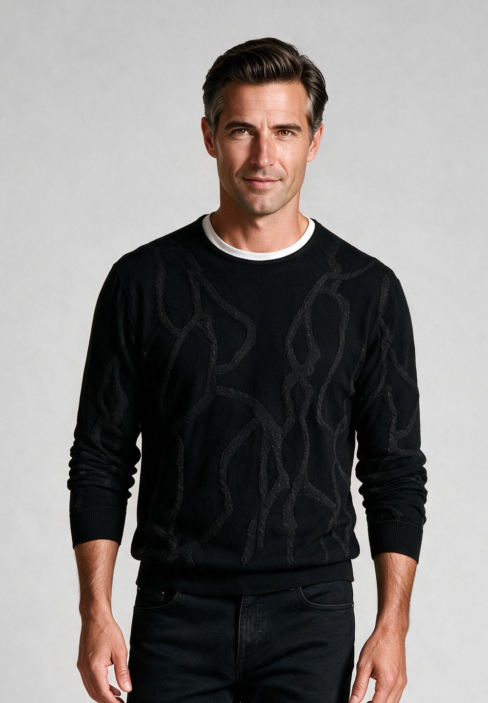 John Varvatos Addison Cable Crewneck Sweater, Black – model detail
