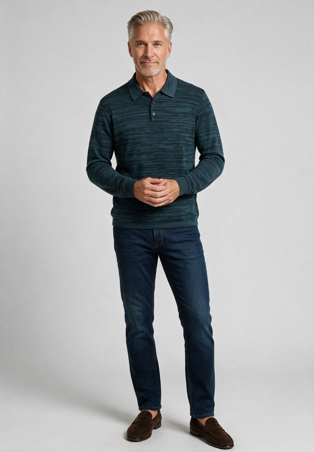John Varvatos Hughs Marl Stitch Polo, Oiled Blue – worn with denim