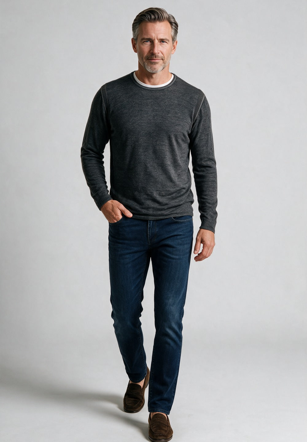 John Varvatos Pete Silk Cashmere Reverse Print Crewneck, Light Grey – worn with denim