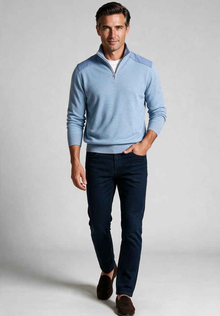 Linen Detail Half Zip Sweater — worn with denim