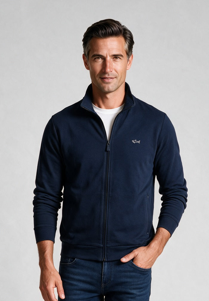 Light Stretch Cotton Full Zip Sweater — model detail