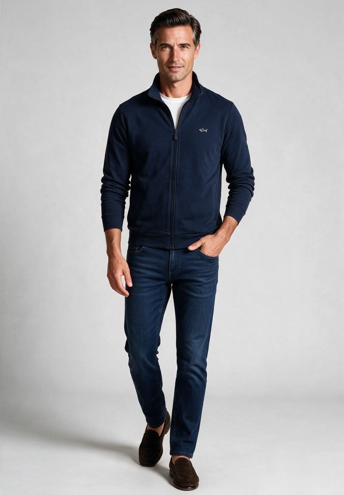 Light Stretch Cotton Full Zip Sweater — worn with denim