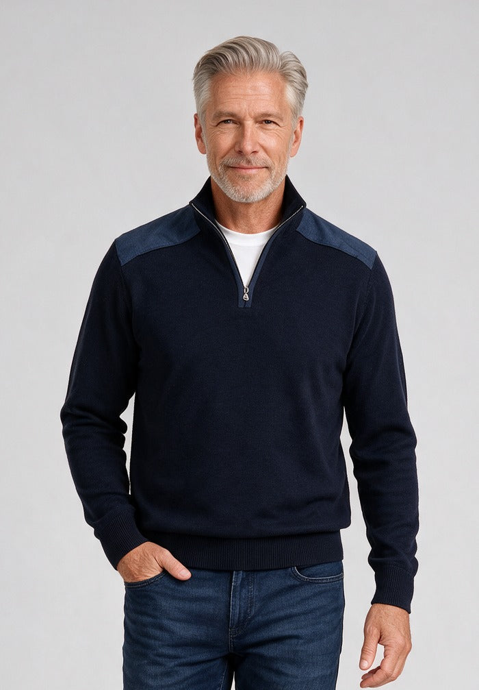 Linen Detail Half Zip Sweater — model detail