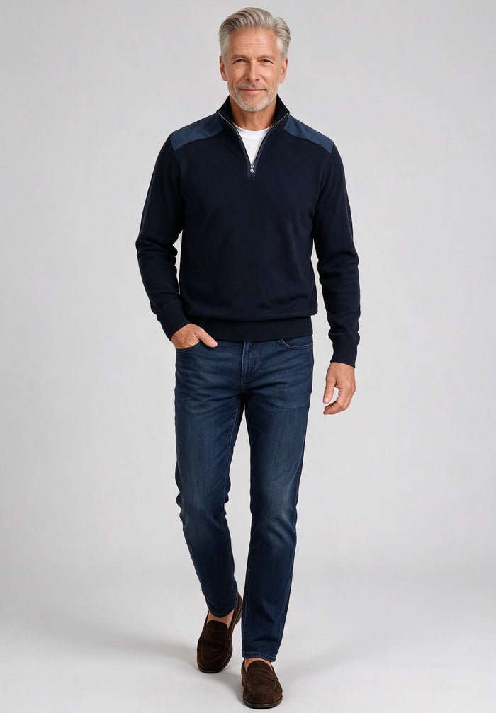 Linen Detail Half Zip Sweater — worn with denim