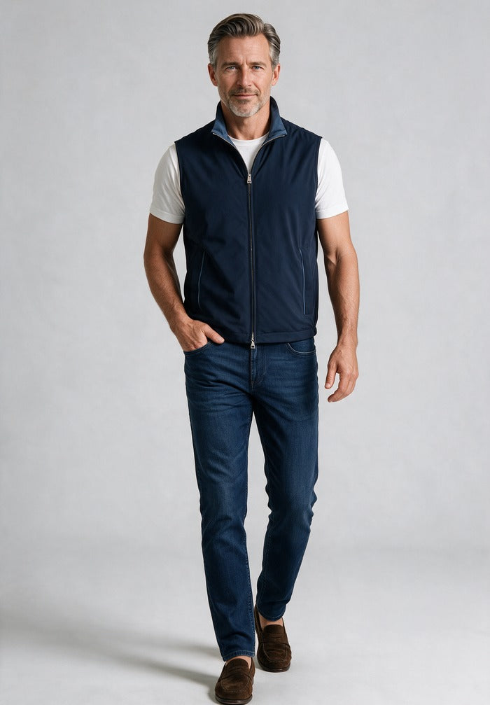 Typoon Platinum Reversible Vest — worn with denim