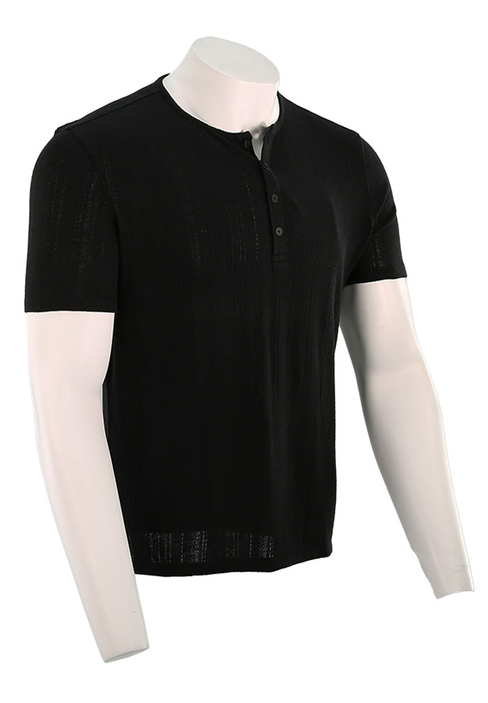 John Varvatos Men’s Black Short Sleeve Variegated Rib Henley Side View K6937F25