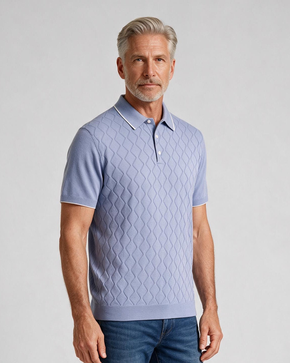 Bugatchi S/S Argyle Polo Sweater, Air Blue, detail | Mondo Uomo Naples FL