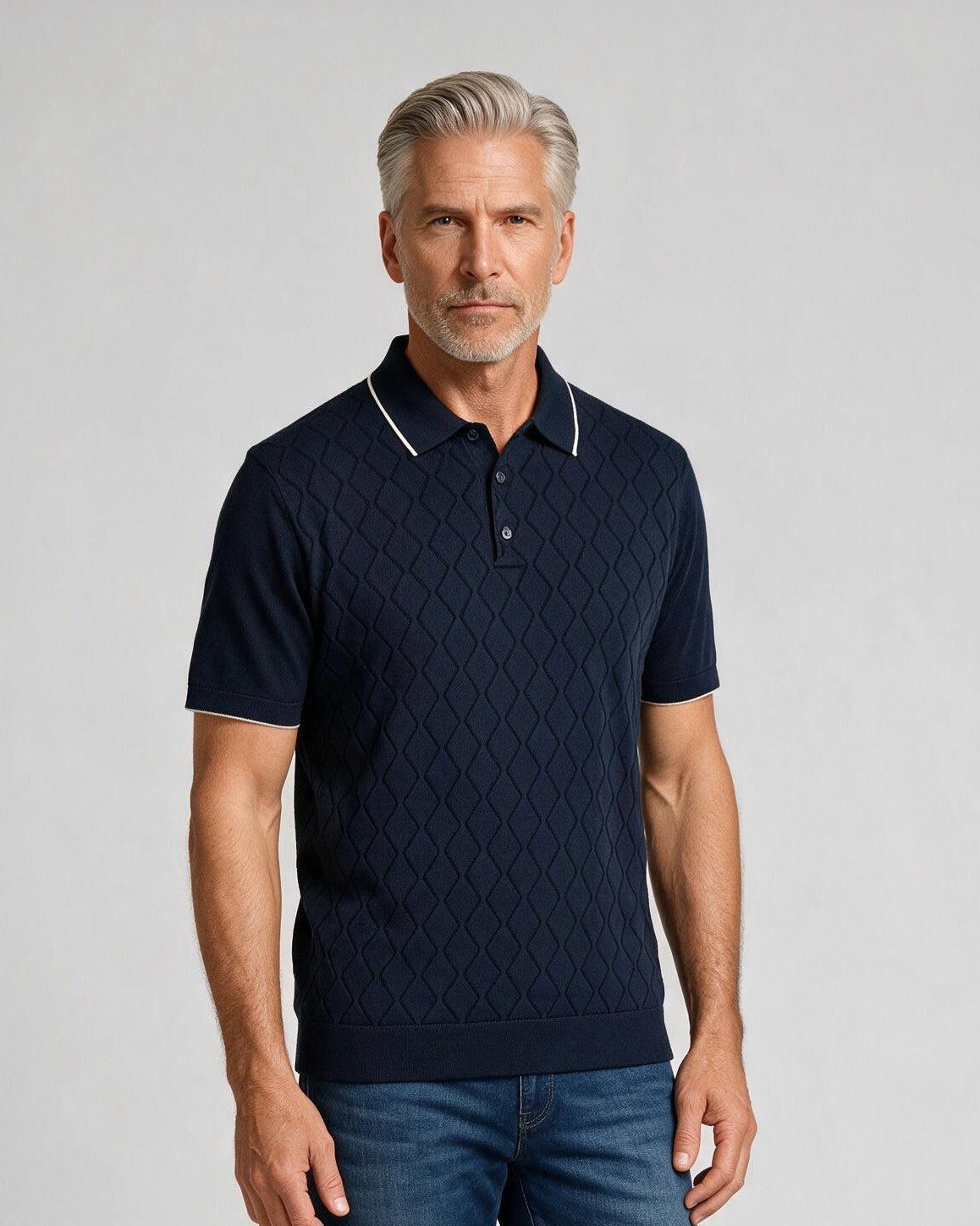 Bugatchi S/S Argyle Polo Sweater, Navy, detail | Mondo Uomo Naples FL