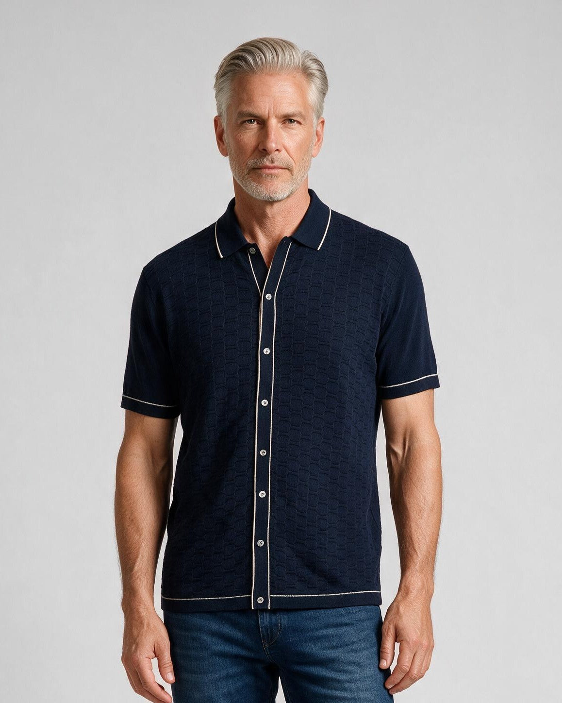 Bugatchi S/S Shirt Sweater, Navy, detail | Mondo Uomo Naples FL