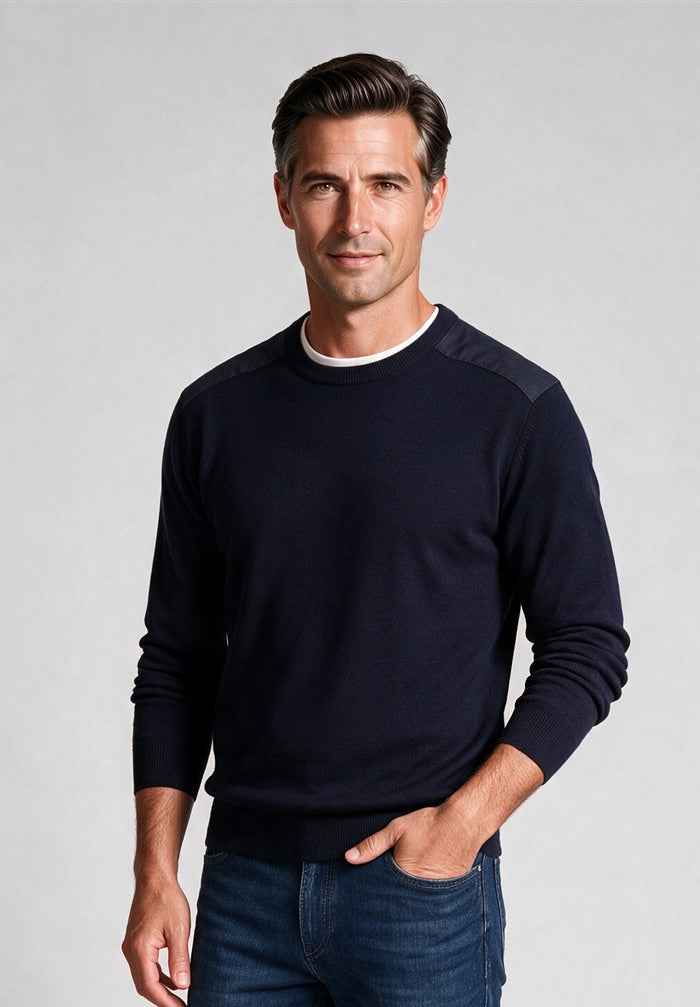 Paul & Shark Merino Extrafine Crewneck, Navy/Taupe — model detail