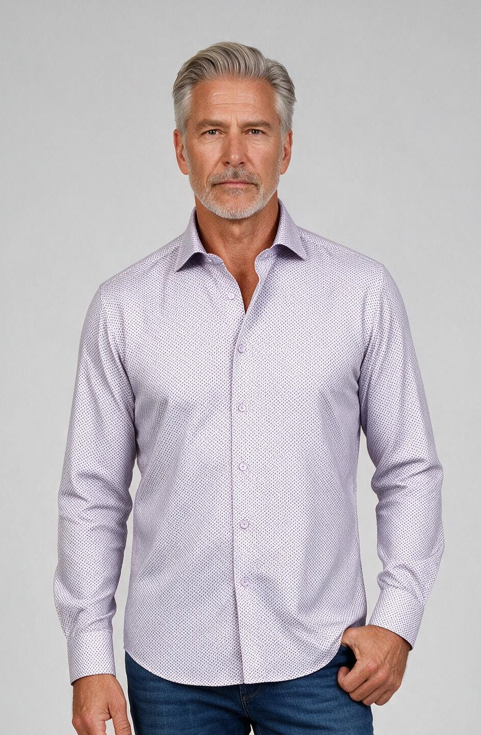 Marcello Lilac/Plum Neat Long Sleeve Shirt — model detail