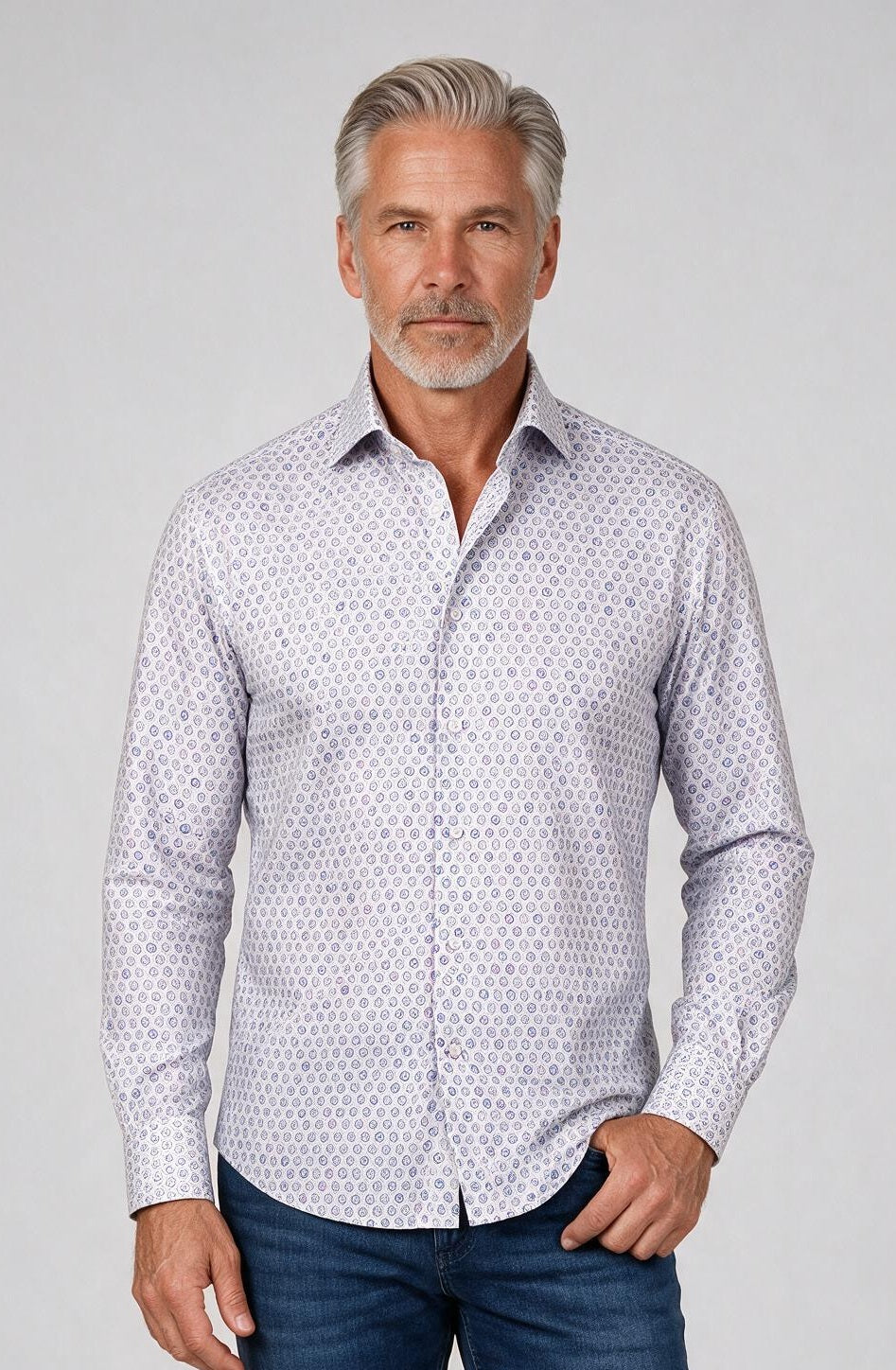 Marcello Blue Neat Long Sleeve Shirt — model detail