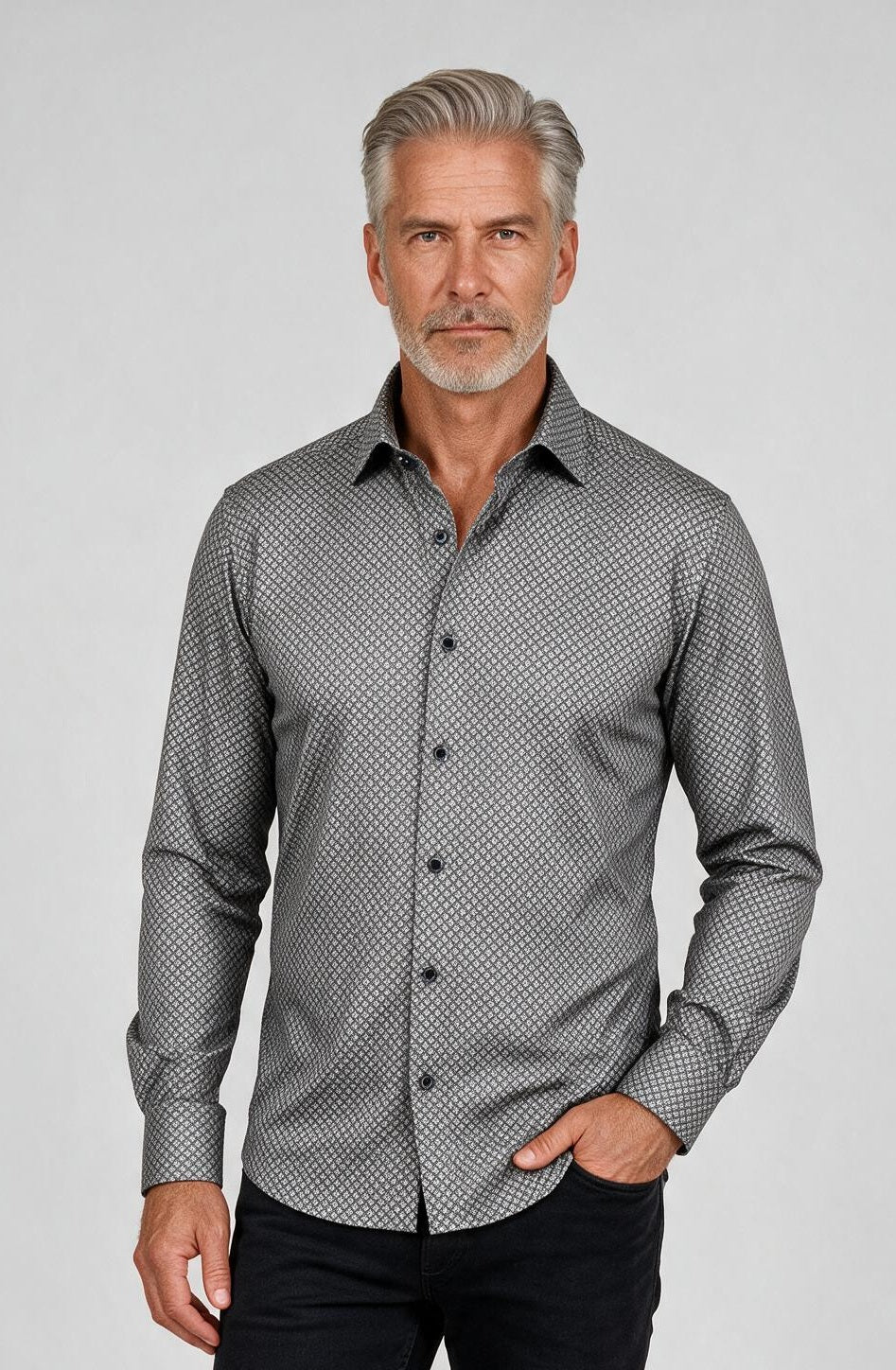 Marcello Steel Medallion Long Sleeve Shirt — model detail