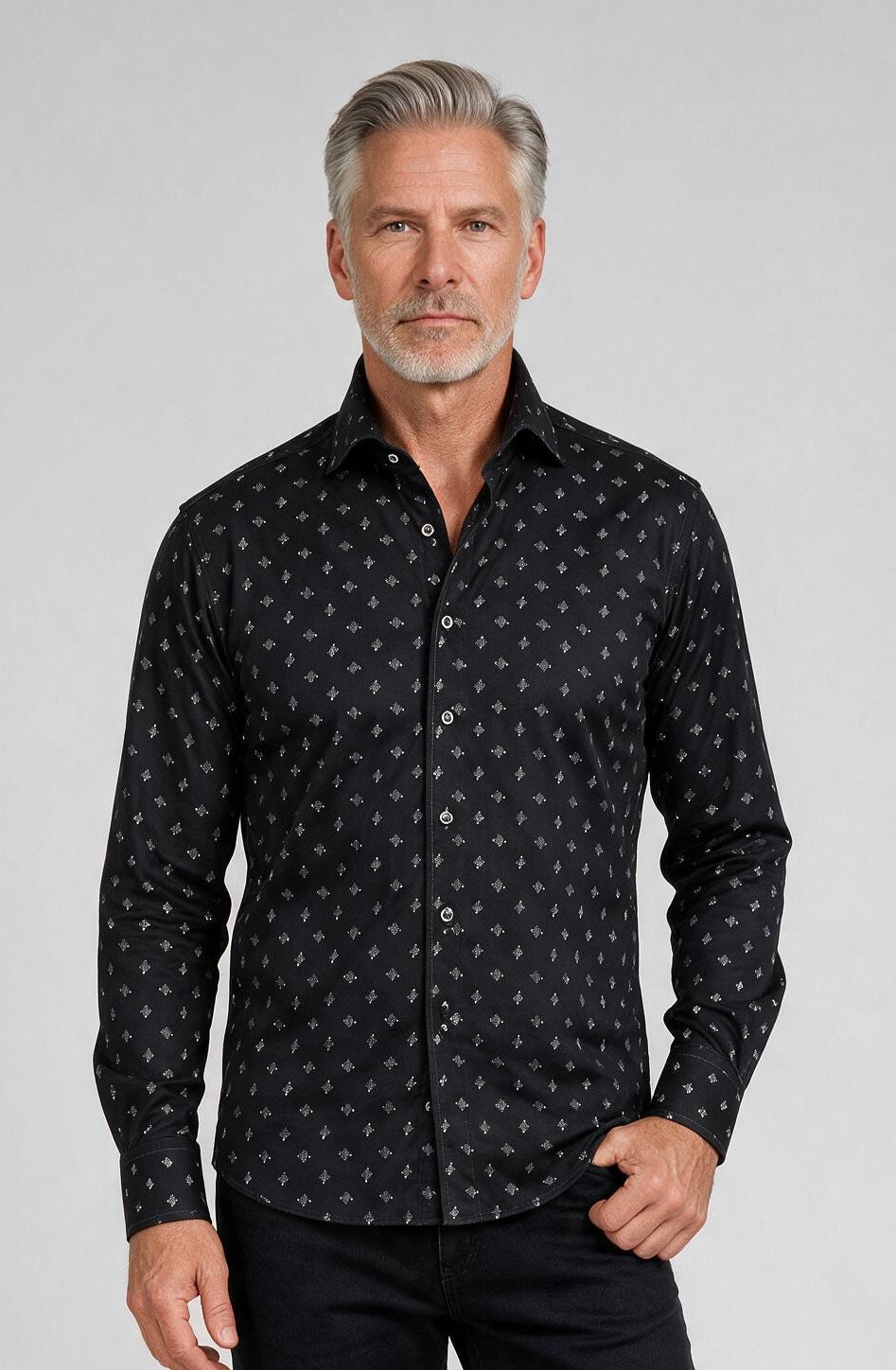 Marcello Black/White Diamond Long Sleeve Shirt — model detail