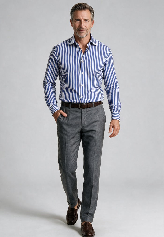 Soft Touch Cotton Poplin Shirt — worn with grey trousers